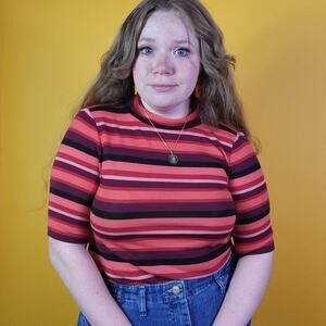 LOFT Pink Striped Short Sleeve Turtleneck T-Shirt Top, SP